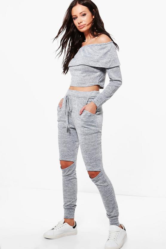 Zoe Bardot Top & Slit Knee Jogger Knitted Set